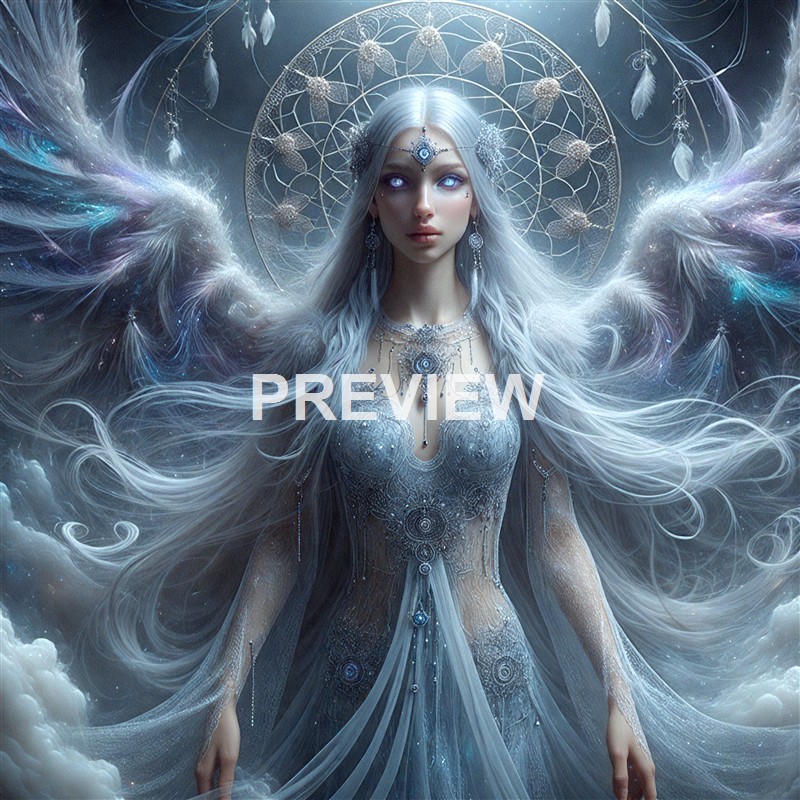 A fantasy-style digital artwork depicting a mystical woman with long silver hair, glowing blue eyes, and intricate jewelry, surrounded by celestial and ethereal elements, creating a surreal and otherworldly atmosphere.